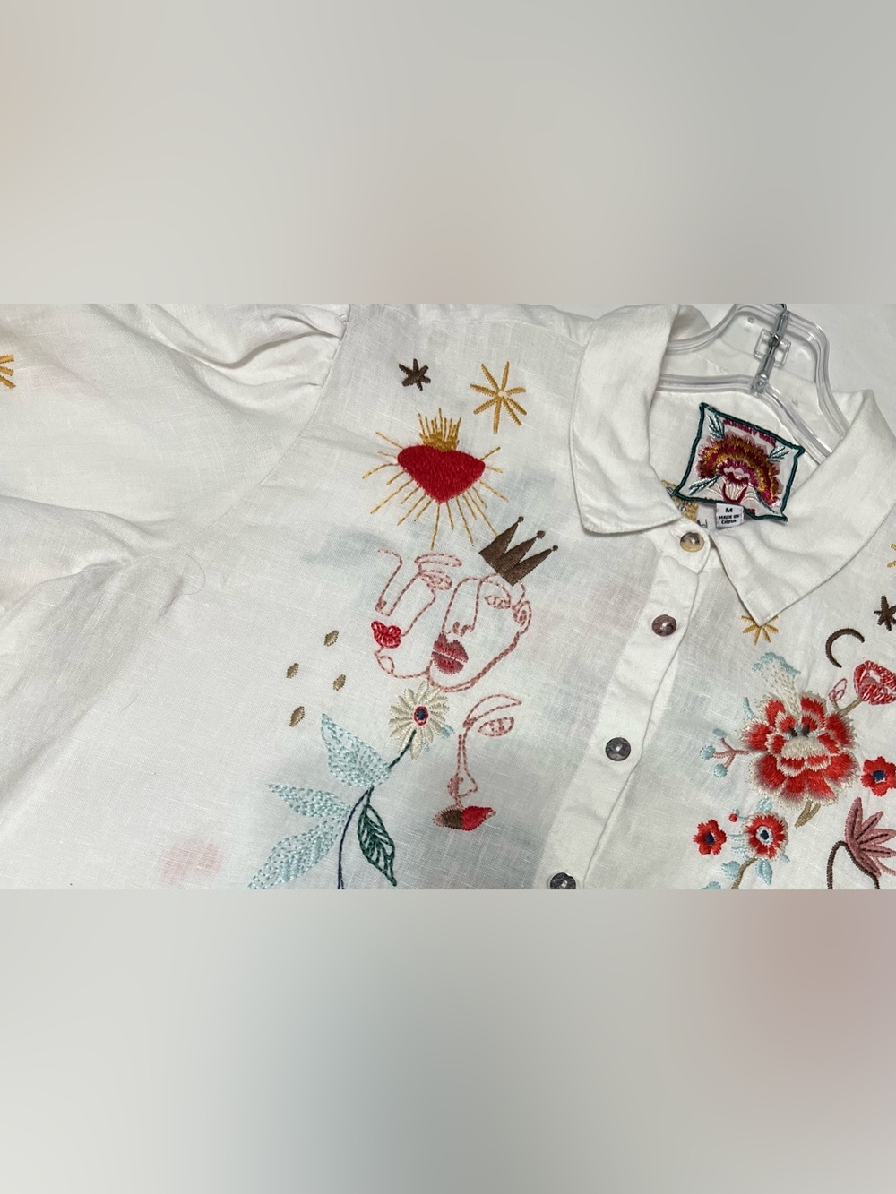 Johnny Was 100% Linen Embroidered Puff Sleeve Button Top White Size M - Picture 7 of 13